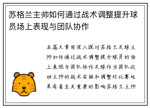苏格兰主帅如何通过战术调整提升球员场上表现与团队协作